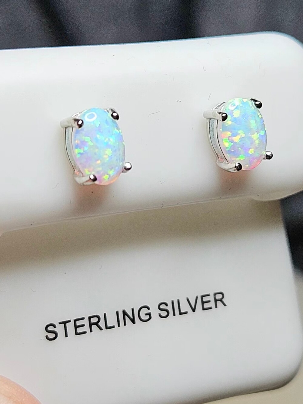 NWOT Sterling Silver Oval White Fire Opal Stud Earrings 925